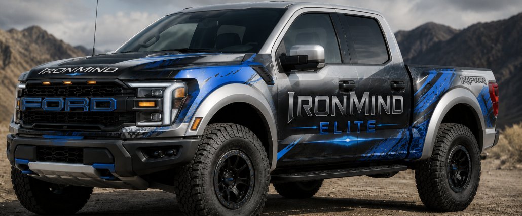 The IronMind Elite Ford Raptor, wrapped in blue and silver, parked on desert terrain against a mountain range.