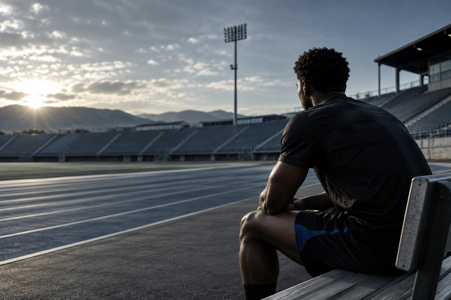 Illustrative athlete reflecting beside an empty stadium
